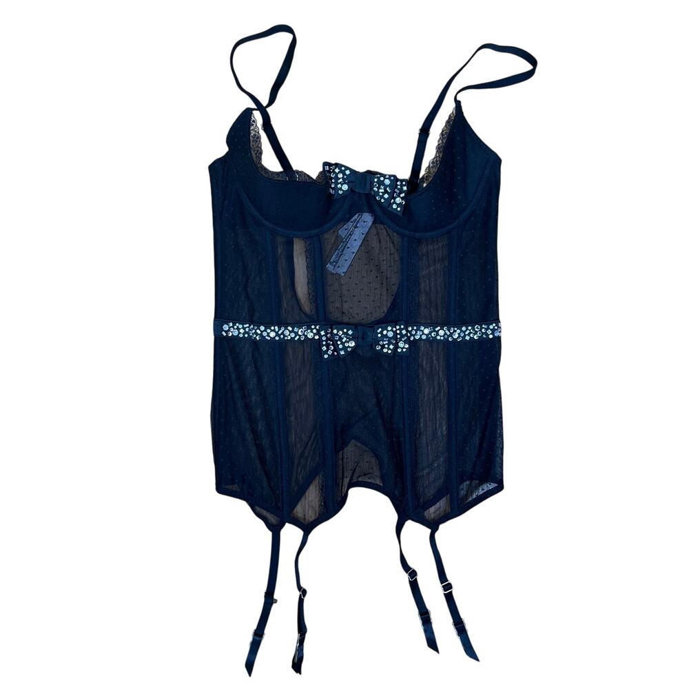 Victoria’s Secret Sexy Corset Top Bustier Lingerie Rhinestone Bow Garters